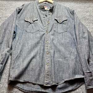 Wrangler Indigo Collection Men's Western Denim Shirt Distressed Banded Collar